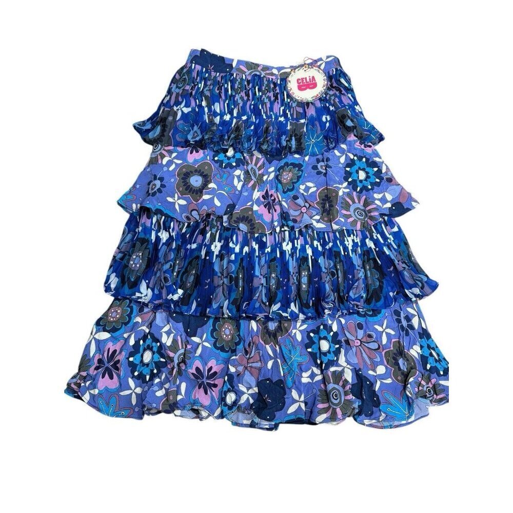 Celia B Sz L Skirt Blue Tiered Floral Midi Boho Retro Anthropologie Fall CeliaB - Picture 2 of 6